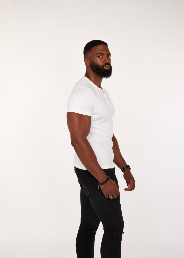 Mens White Slim Fit Henley in Short Sleeve. A Proportionally Fitted and slim Fit henley. The best henley for slim guys.