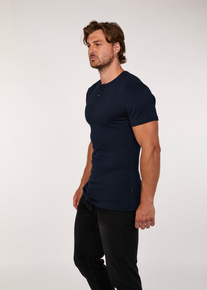 Navy slim Fit Short Sleeve Henley. A Proportionally Fitted and Tapered Fit henley. The best henley for slim guys.