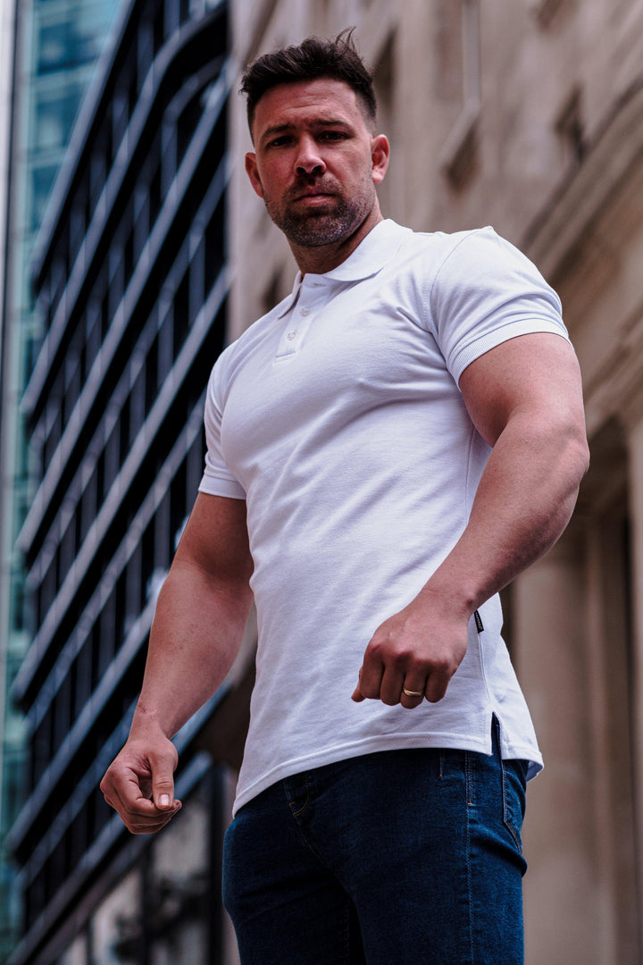 White athletic Fit Polo Shirt. A Proportionally Fitted and athletic Fit Polo in White. Ideal for bodybuilders.
