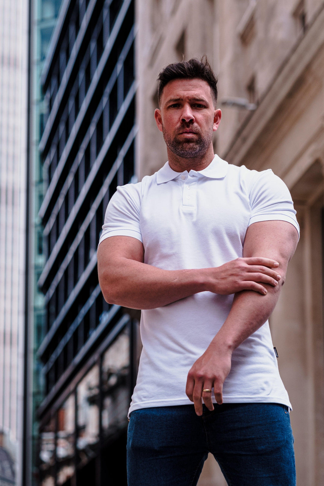 White Muscle Fit Polo Shirt. A Proportionally Fitted and Muscle Fit Polo in White. Ideal for bodybuilders.