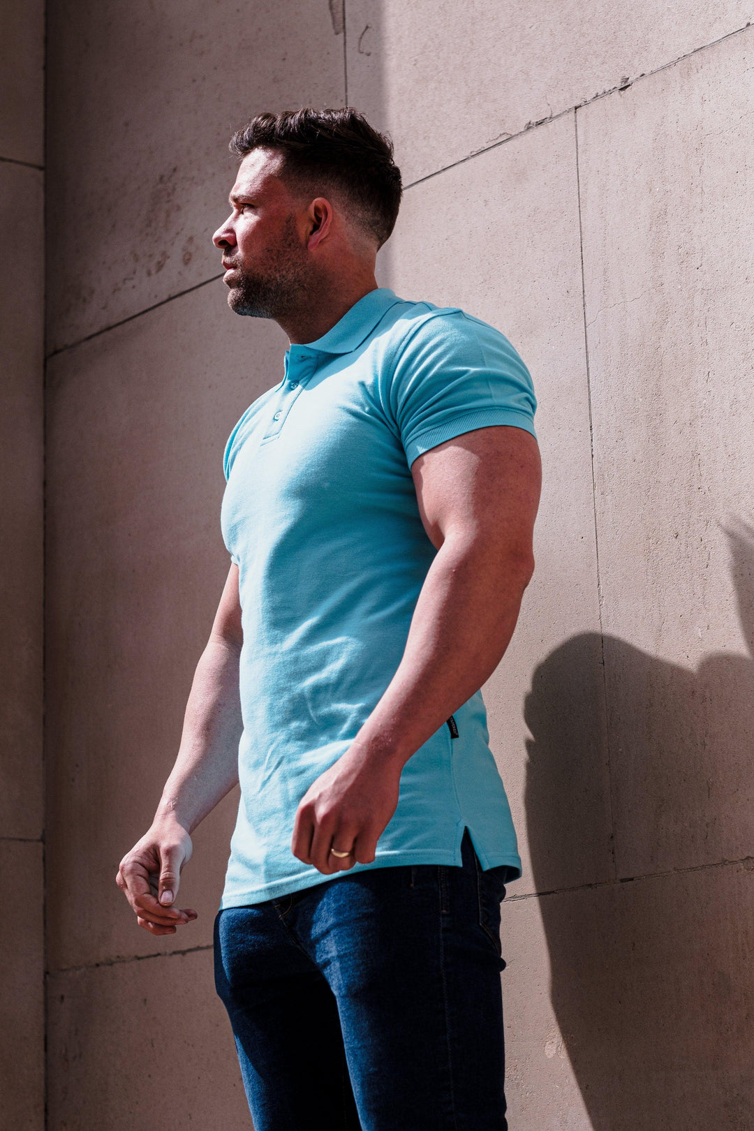 Turquoise athletic Fit Polo Shirt. A Proportionally Fitted and Athletic Fit Polo in Turquoise. Ideal for bodybuilders.