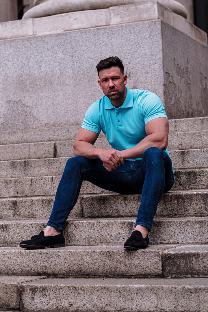 Turquoise tapered Fit Polo Shirt. A Proportionally Fitted and tapered Fit Polo in Turquoise. Ideal for muscular guys.