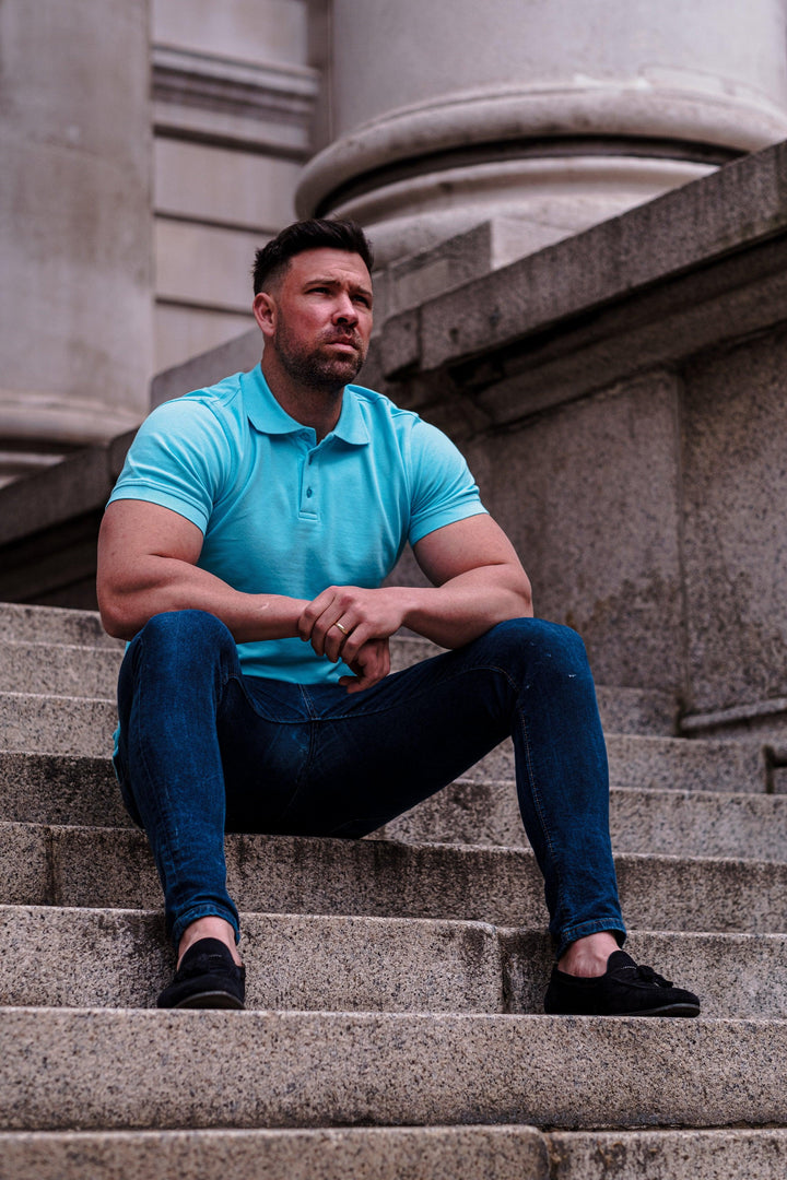 Turquoise Muscle Fit Polo Shirt. A Proportionally Fitted and Muscle Fit Polo in Turquoise. Ideal for athletes.