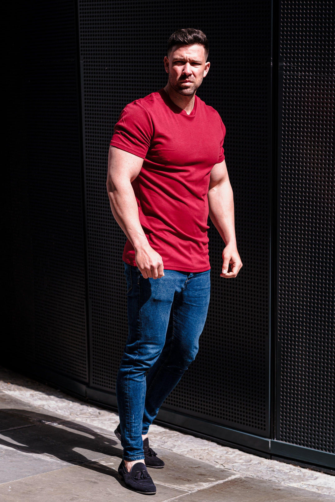Burgundy Tapered Fit T Shirt. A Proportionally Fitted and Tapered Fit Tee in Burgundy. Ideal for muscular guys.