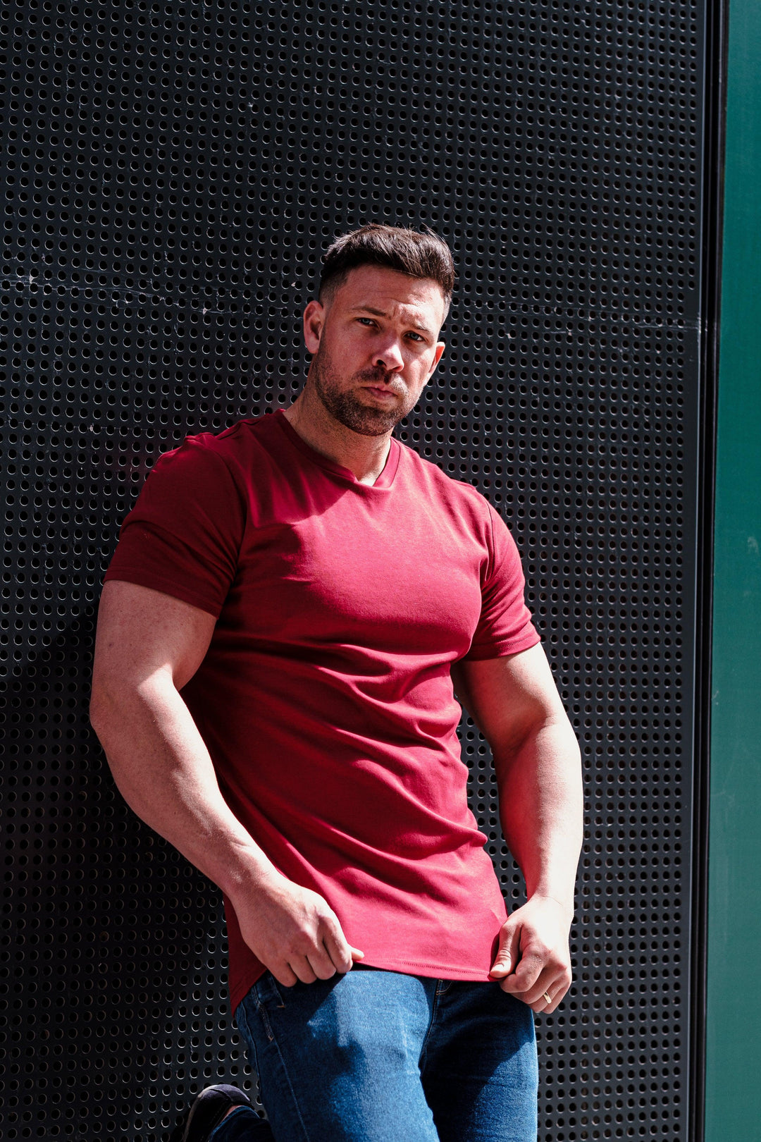 Burgundy Muscle Fit Tee. A Proportionally Fitted and Muscle Fit Tee in Burgundy. Ideal for bodybuilders.
