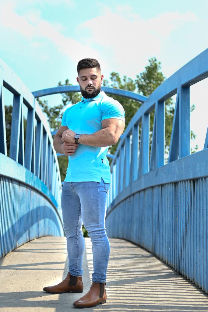 Turquoise muscle Fit Polo. A Proportionally Fitted and tapered Fit Polo in Turquoise. Ideal for athletes