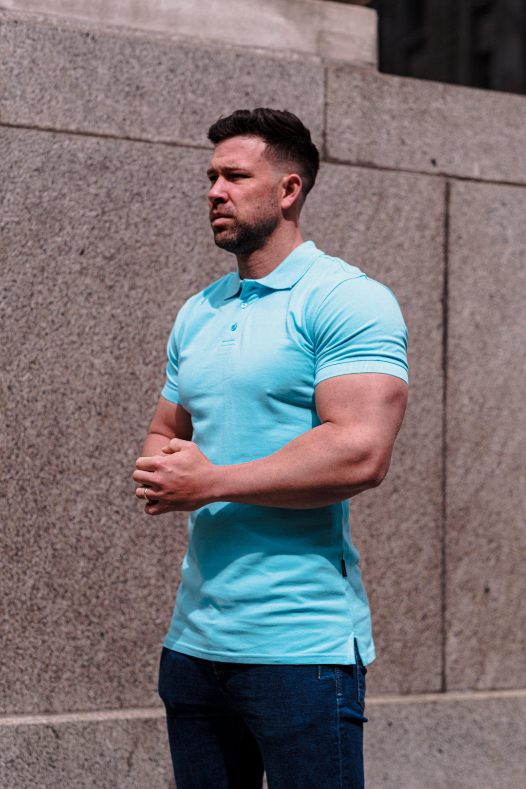 Turquoise Muscle Fit Polo Shirt. A Proportionally Fitted and Muscle Fit Polo in Turquoise. Ideal for muscular guys.