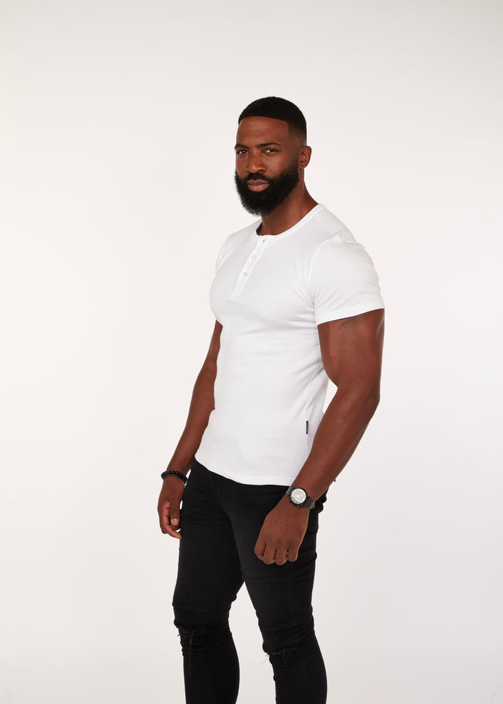 Mens White Athletic Fit Short Sleeve Henley. A Proportionally Fitted and Muscle Fit henley. The best henley for muscular guys.