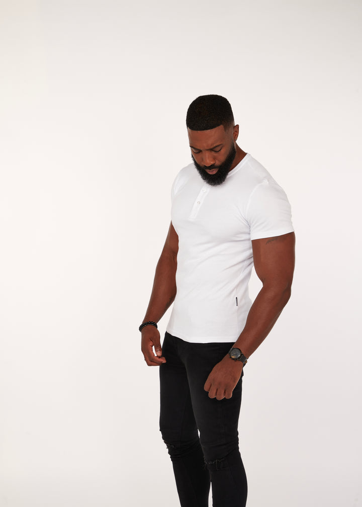 Mens White Muscle Fit Short Sleeve Henley. A Proportionally Fitted and Muscle Fit henley. The best henley for muscular guys.