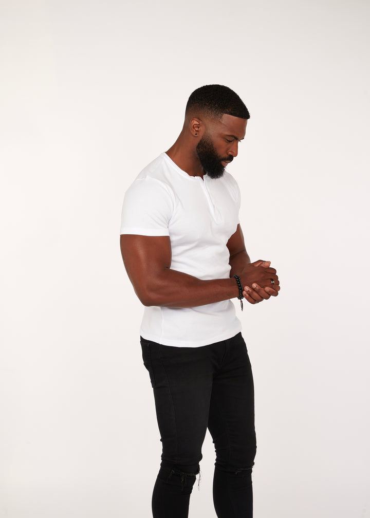 Mens White Tapered Fit Henley in Short Sleeve. A Proportionally Fitted and Muscle Fit henley. The best henley for muscular guys.