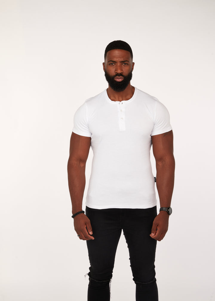 Mens White Tapered Fit Short Sleeve Henley. A Proportionally Fitted and Muscle Fit henley. The best henley for muscular guys.