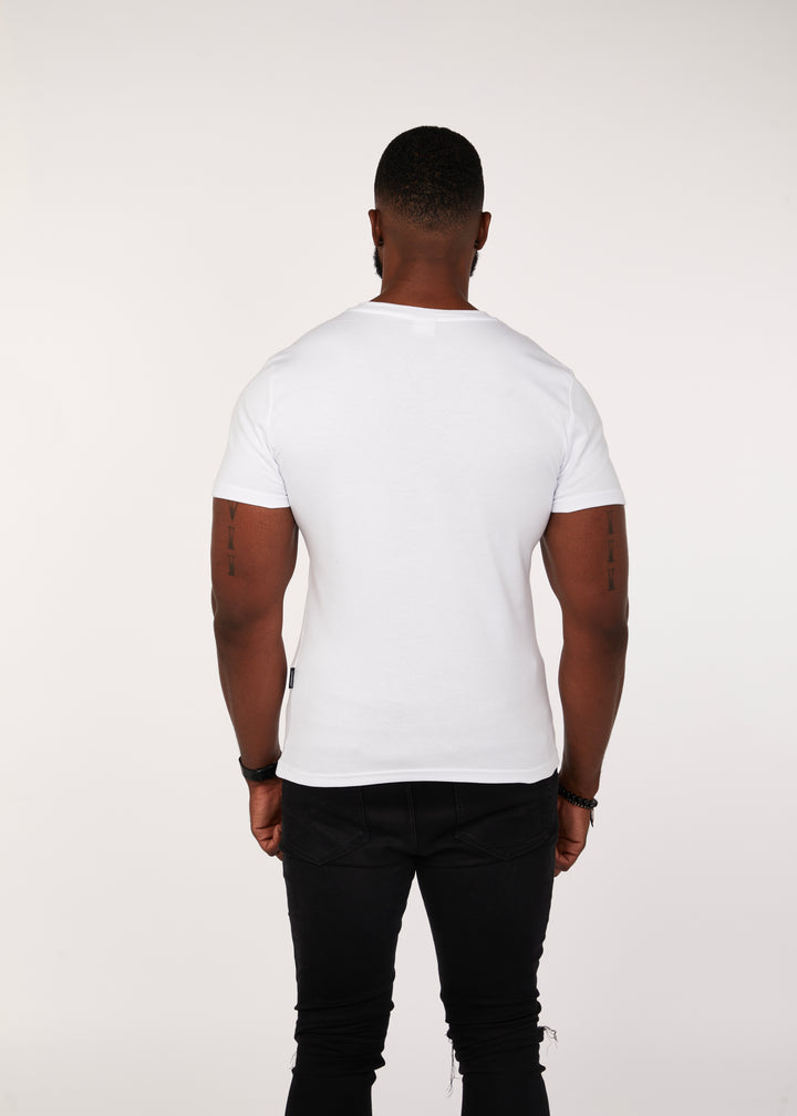 Mens White Muscle Fit V-Neck T-Shirt. A Proportionally Fitted and Muscle Fit V Neck. The best v neck t-shirt for muscular guys.