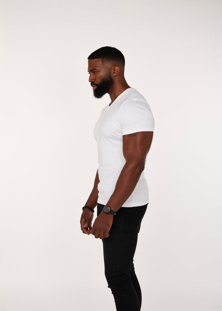 White Tapered Fit V-Neck T-Shirt. A Proportionally Fitted and Muscle Fit V Neck. The best v neck t-shirt for muscular guys.
