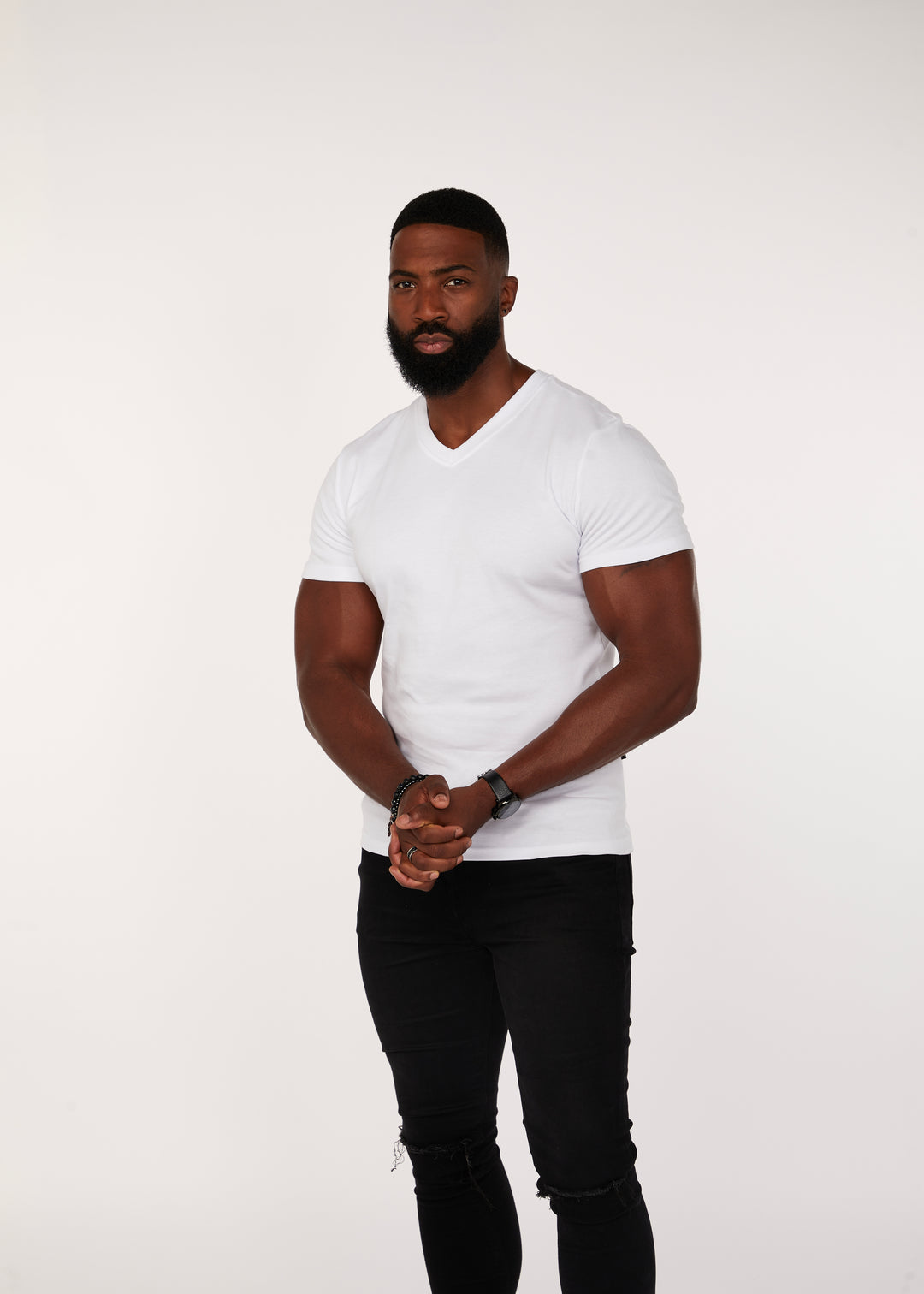 White Tapered Fit V-Neck T-Shirt. A Proportionally Fitted and Muscle Fit V Neck. The best v neck t-shirt for bodybuilders