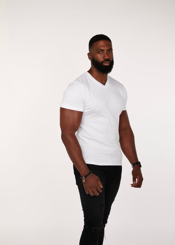 White Muscle Fit V-Neck T-Shirt. A Proportionally Fitted and Muscle Fit V Neck. The best v neck t-shirt for muscular guys.