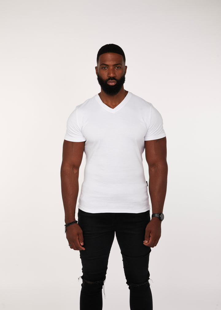 Mens White Athletic Fit V-Neck. A Proportionally Fitted and Muscle Fit V Neck. The best v neck t-shirt for muscular guys.