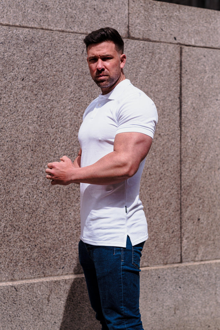 White Tapered Fit Polo Shirt. A Proportionally Fitted and Tapered Fit Polo in White. Ideal for muscular guys.