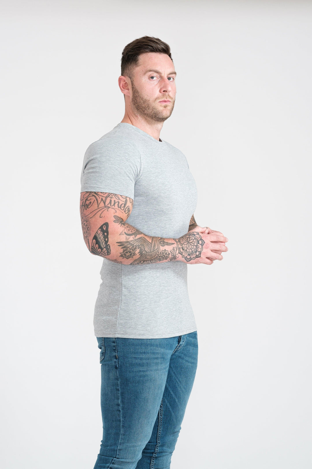 Grey Tapered Fit T-Shirt For Men. A Proportionally Fitted and Muscle Fit T-Shirt. Ideal for athletes.