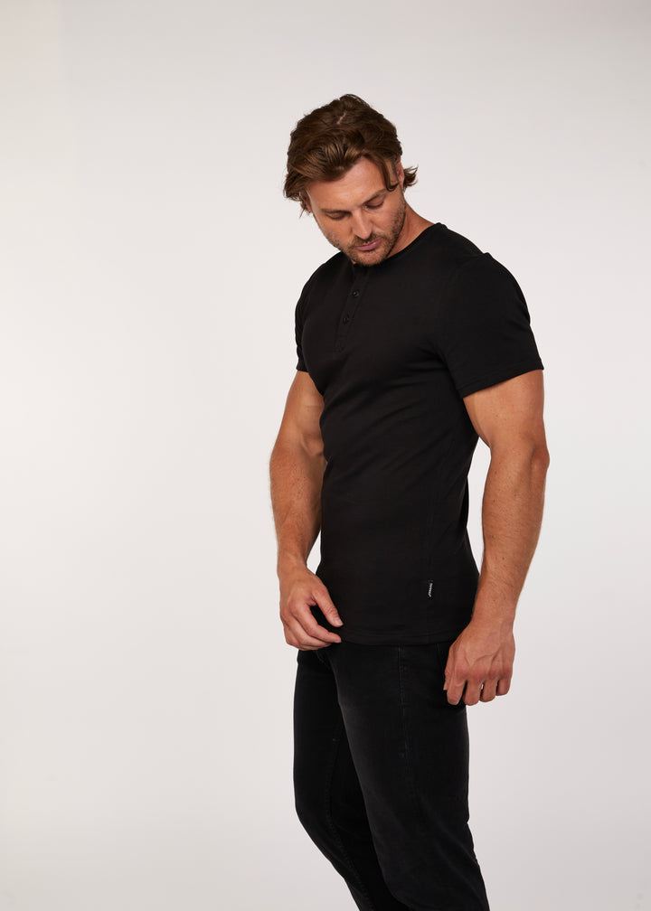 Mens Black Slim Fit Henley in Short Sleeve. A Proportionally Fitted and Slim Fit Henley.