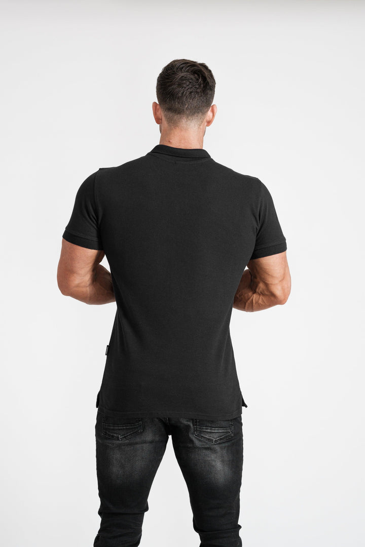 Mens Black Muscle Fit Polo Short Sleeve Shirt. A Proportionally Fitted and Muscle Fit Polo. Ideal for muscular guys.