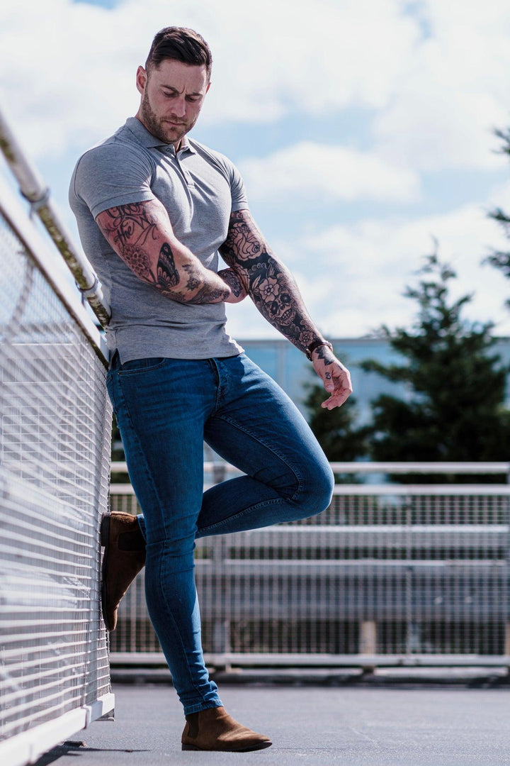 grey muscle fit polo t shirt. A Proportionally Fitted and Muscle Fit Polo Shirt. Ideal for muscular guys.