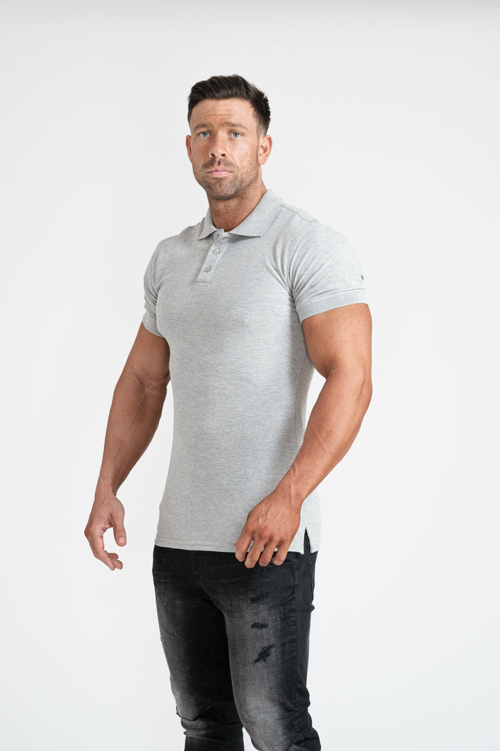 Grey Muscle Fit Polo Shirt For Men. A Proportionally Fitted and Muscle Fit Polo. The best polo shirts for muscular guys.