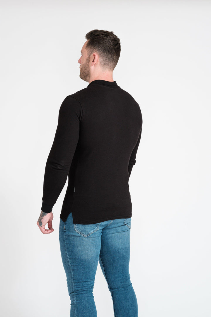 Long Sleeve Black Muscle Fit Polo. A Proportionally Fitted and Atheltic Fit Polo. Ideal for bodybuilders.