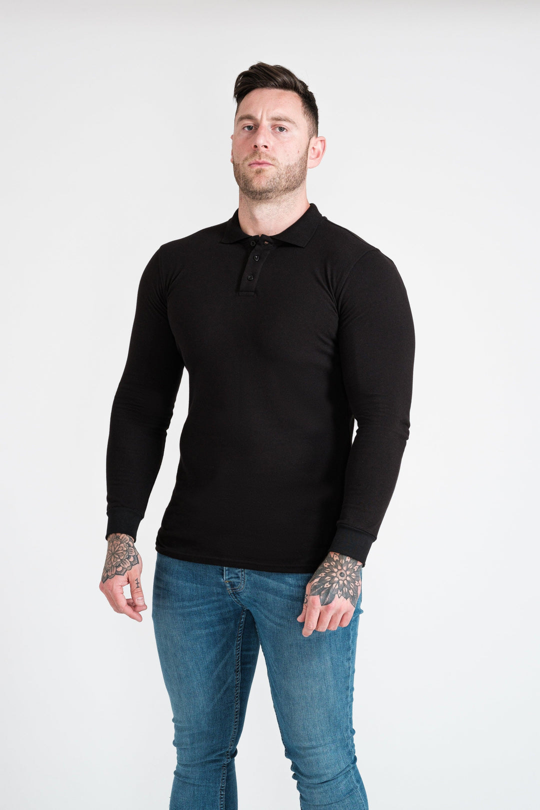 Mens Black Tapered Fit Polo Shirt. A Proportionally Fitted and Muscle Fit Polo Shirt. The best polo shirts for muscular guys.