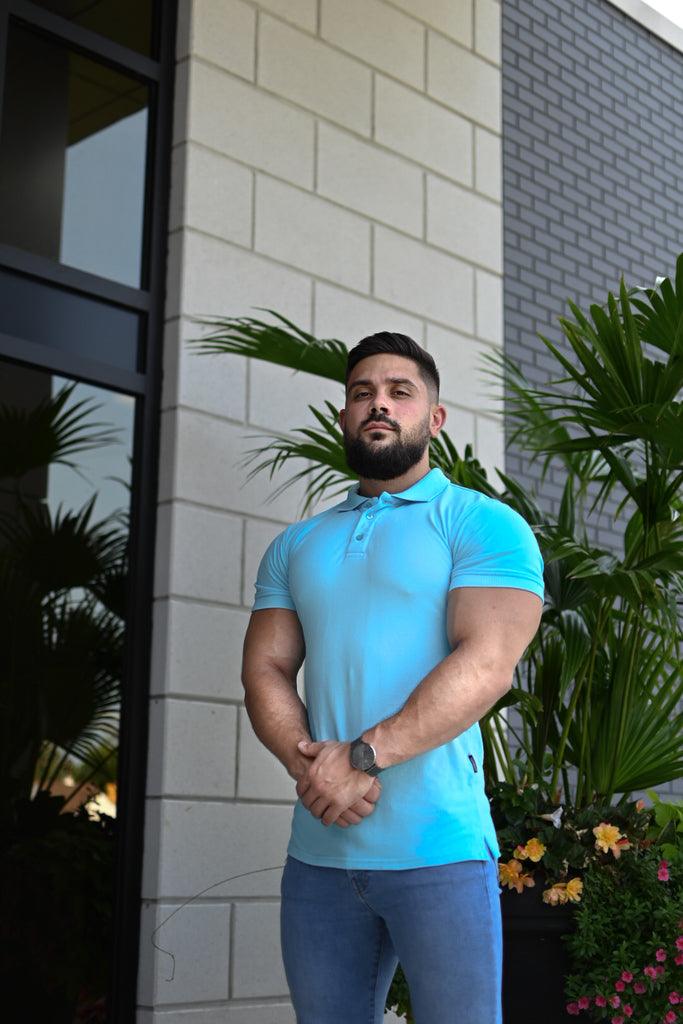 Turquoise muscle Fit Polo Shirt. A Proportionally Fitted and tapered Fit Polo in Turquoise. Ideal for athletes