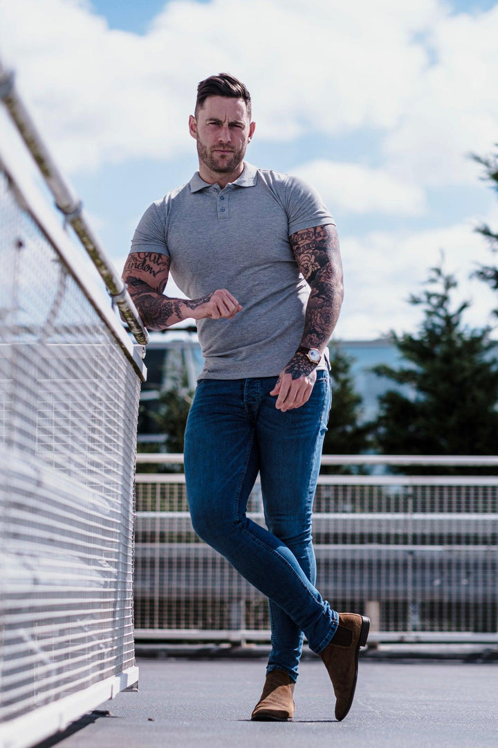 Muscle Fit Polo t shirt grey mens. A Proportionally Fitted and Muscle Fit Polo Shirt. Ideal for muscular guys.