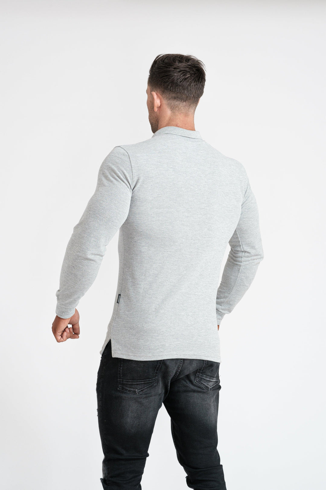 Mens Muscle Fit Grey Polo Shirt. A Proportionally Fitted and Muscle Fit Polo in Long Sleeve. Ideal for bodybuilders.