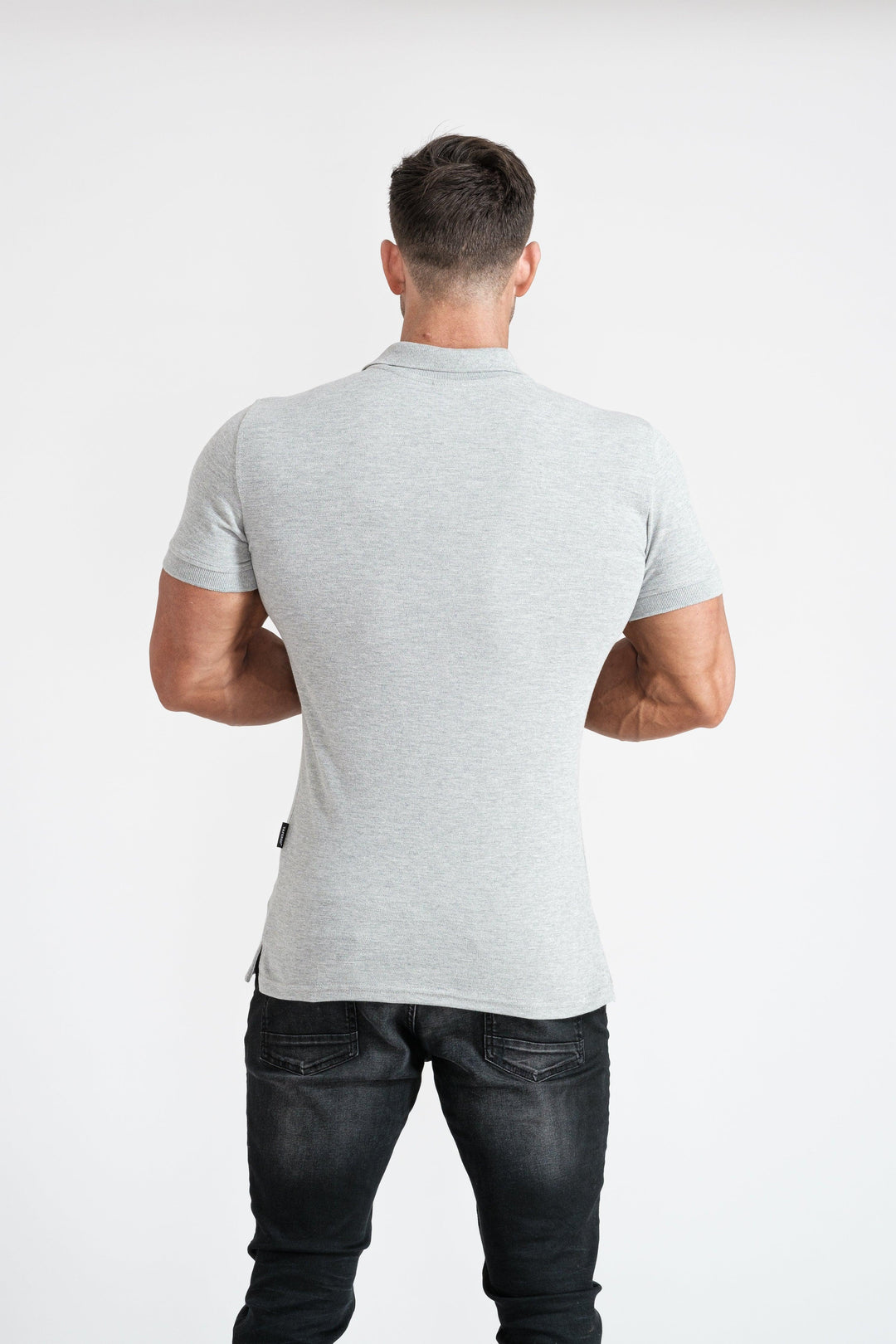 Grey Muscle Fit Polo Shirt For Men. A Proportionally Fitted and Muscle Fit Grey Polo shirt for men. Ideal for muscular guys.
