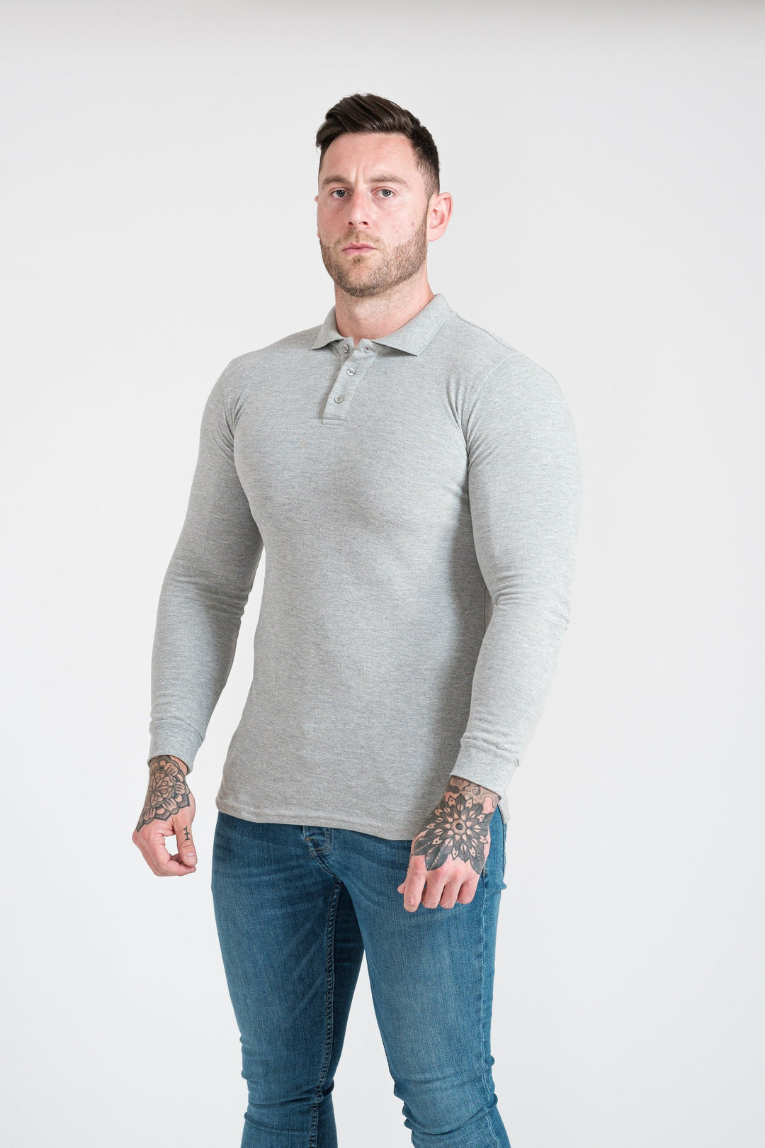 Mens Grey Tapered Fit Polo Shirt. A Proportionally Fitted and Muscle Fit Polo. The best polo shirts for muscular guys.
