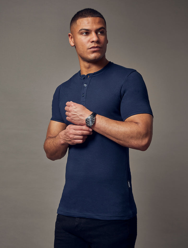 navy short sleeve slim fit Henley, highlighting the tapered fit and premium quality offered by Tapered Menswear
