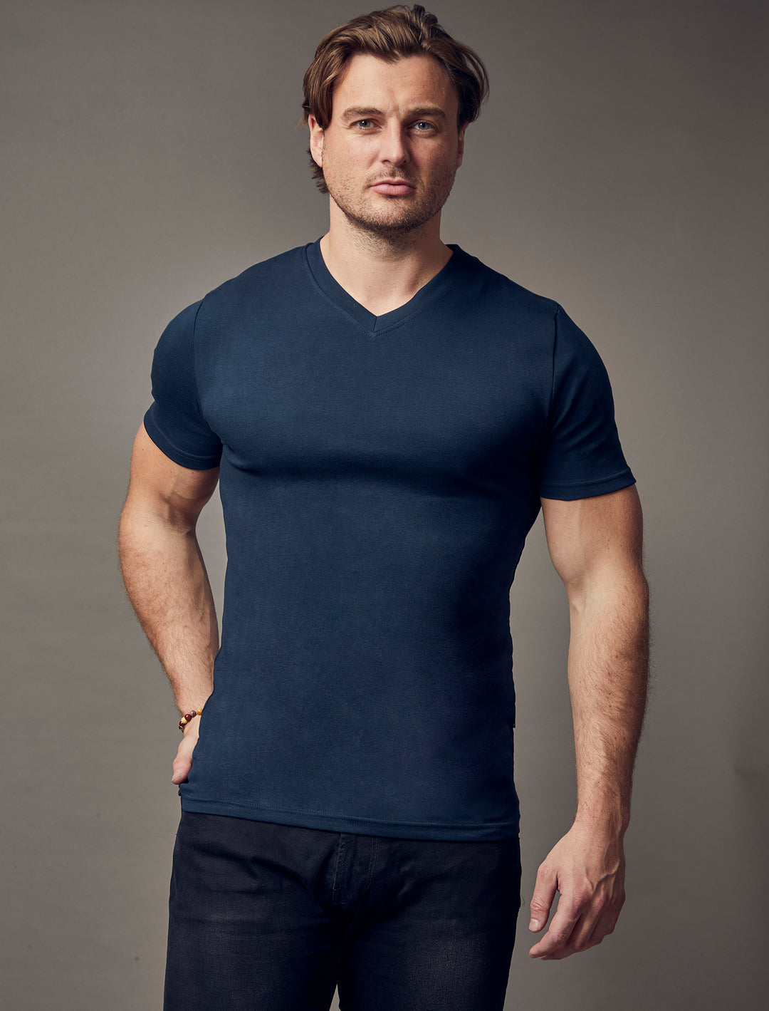 navy V-neck tapered fit t-shirt by Tapered Menswear, showcasing the muscle fit design for a comfortable and well-sculpted appearance