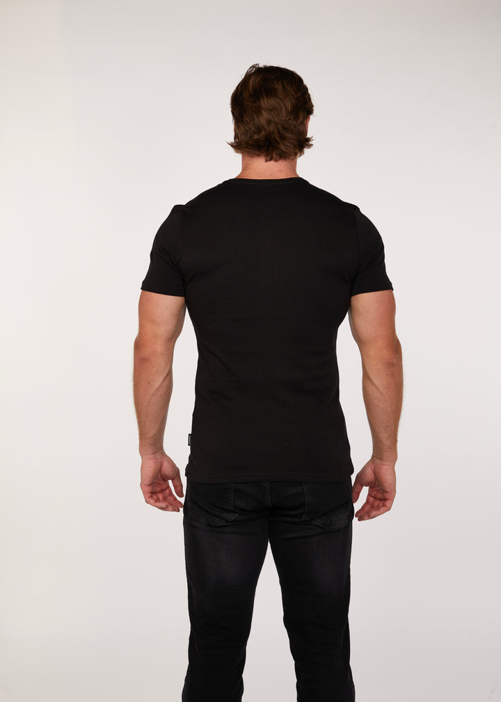  Black Slim Fit Henley for Men in Short Sleeve. A Proportionally Fitted and Slim Fit Henley.