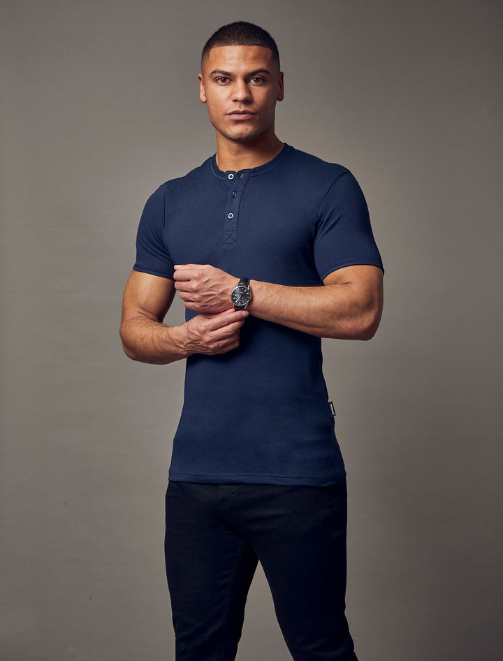 navy short sleeve tapered fit Henley by Tapered Menswear, showcasing the slim fit design for a comfortable and well-defined appearance