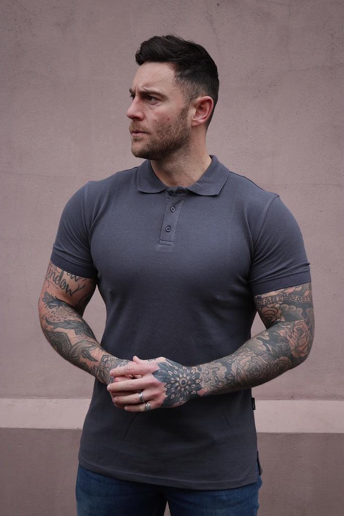 tapered Dark Grey short sleeve muscle fit polo