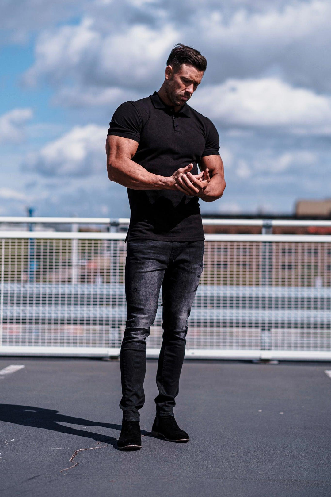 Tapered Fit Black Polo Short sleeve. A Proportionally Fitted and Muscle Fit Polo Shirt. Ideal for muscular guys.