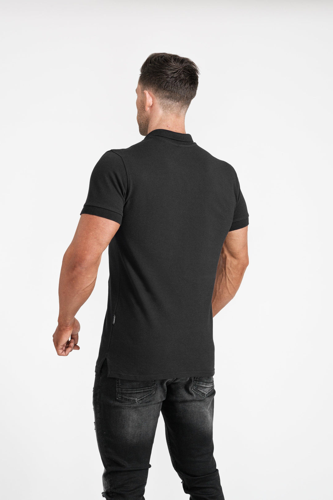 Mens Black Tapered Fit Polo Shirt. A Proportionally Fitted and Muscle Fit T Shirt. Ideal for muscular guys.