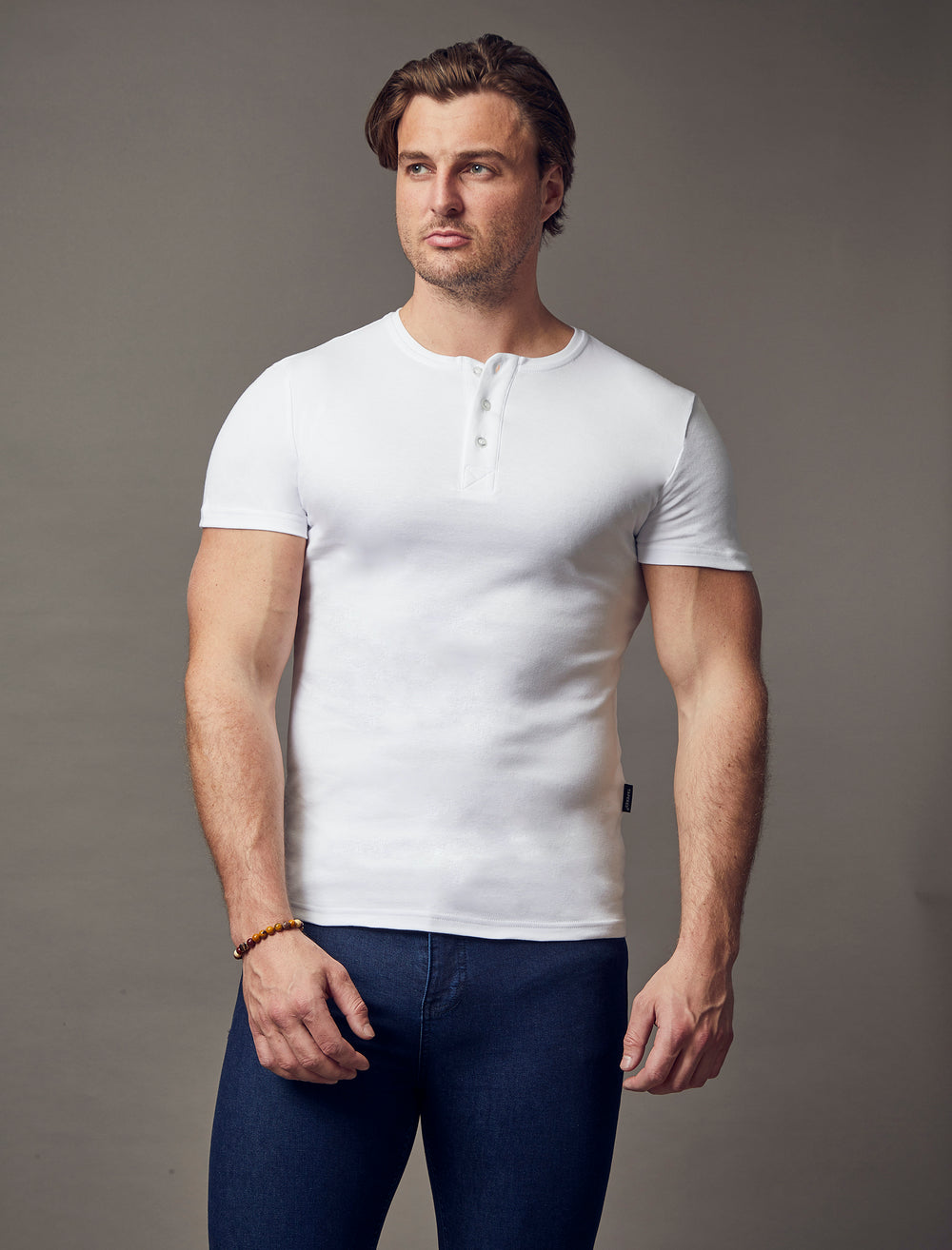 white slim fit short sleeve Henley, highlighting the tapered fit and premium quality offered by Tapered Menswear 