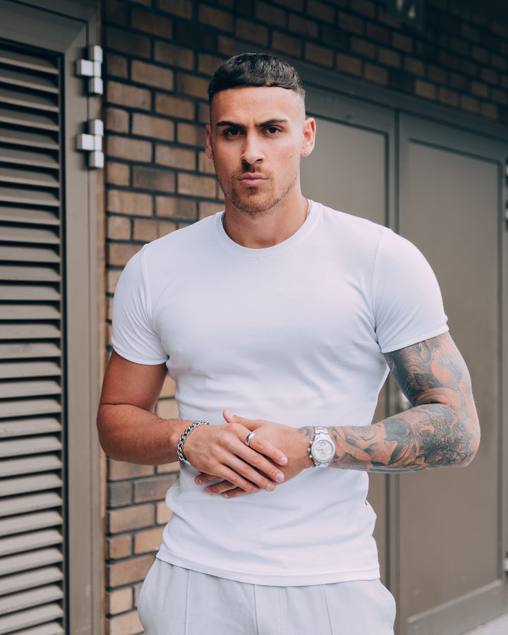 White tapered Fit t-shirt. A Proportionally Fitted and tapered Fit Tee in White.